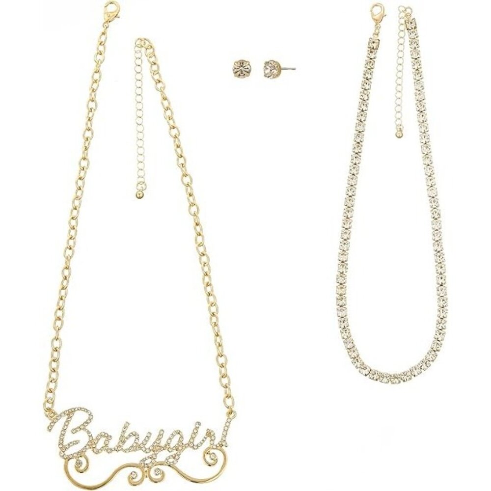 Y2K Aaliyah Jewelry Set Gold Rhinestone CZ Earring Studs Necklace Babygirl Chain - Picture 2 of 6